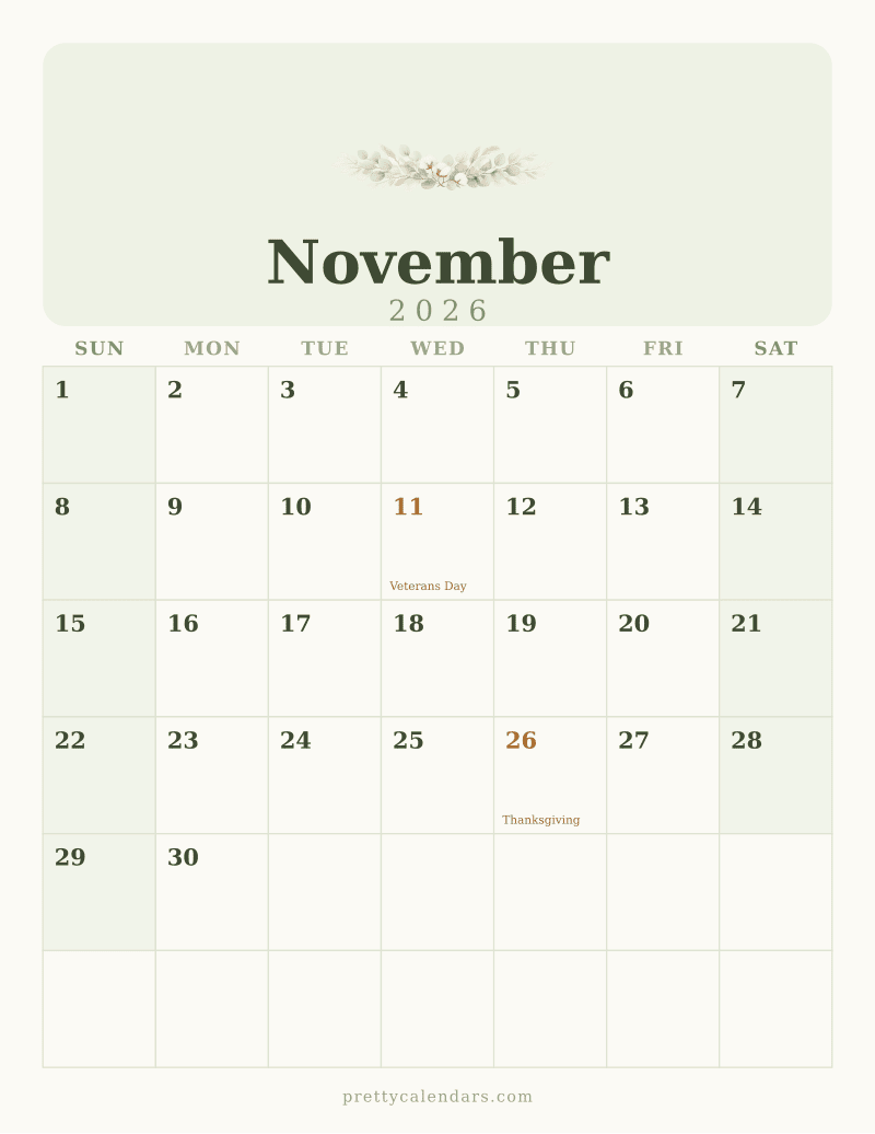 November 2026 printable calendar, Floral style