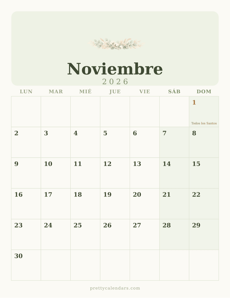 Calendario de Noviembre 2026 para imprimir, estilo Floral