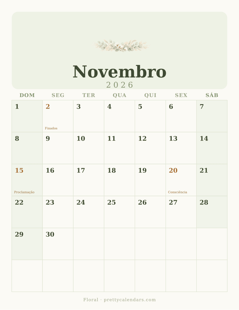 Calendário de Novembro de 2026 para imprimir, estilo Floral