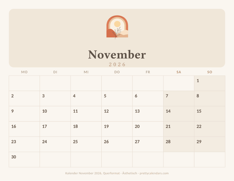 Druckbarer Kalender November 2026 mit Querformat, Design Ästhetisch