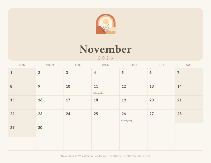 Printable November 2026 calendar in landscape orientation with wide day boxes, Aesthetic style