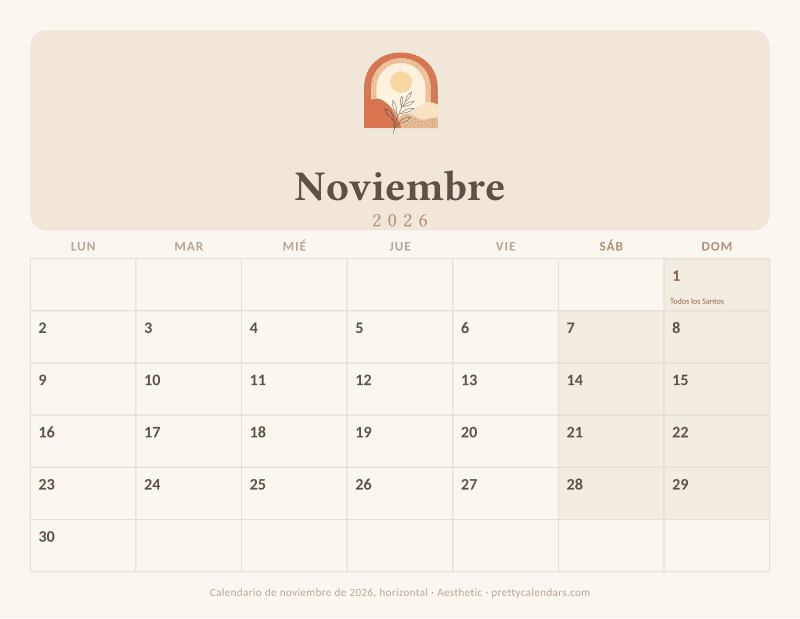 Calendario de Noviembre 2026 horizontal para imprimir, con casillas anchas, estilo Aesthetic