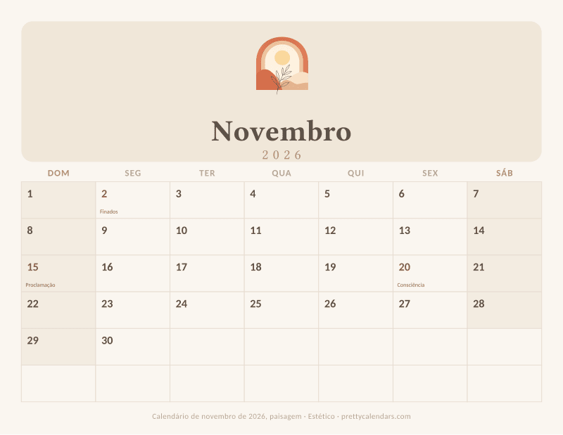 Calendário de Novembro de 2026 para imprimir com orientação paisagem, estilo Estético