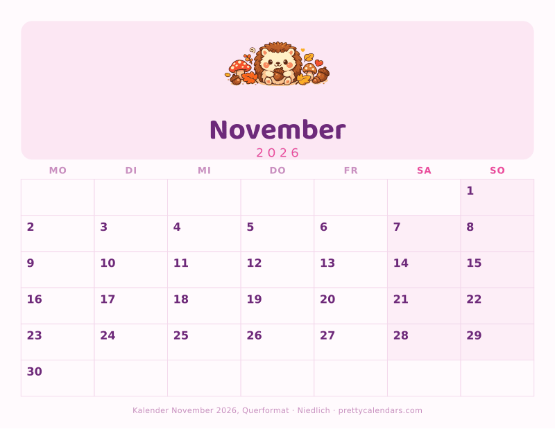 Druckbarer Kalender November 2026 mit Querformat, Design Niedlich