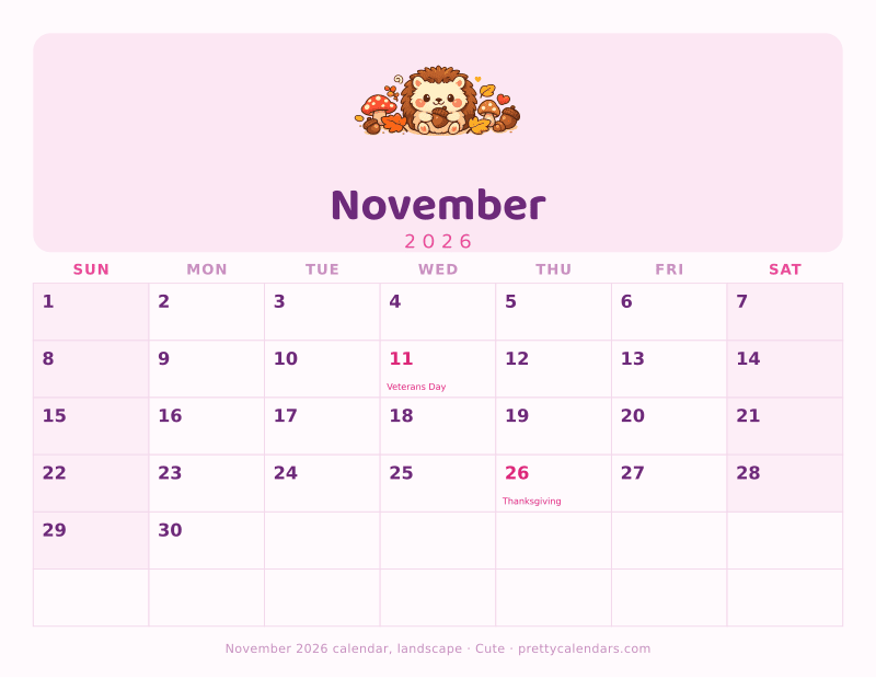 Printable November 2026 calendar in landscape orientation with wide day boxes, Cute style