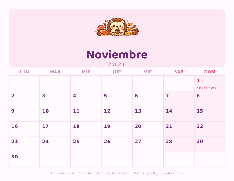 Calendario de Noviembre 2026 horizontal para imprimir, con casillas anchas, estilo Bonito