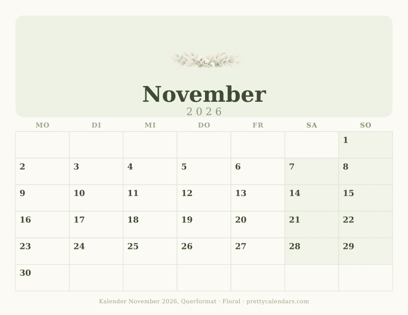 Druckbarer Kalender November 2026 mit Querformat, Design Floral