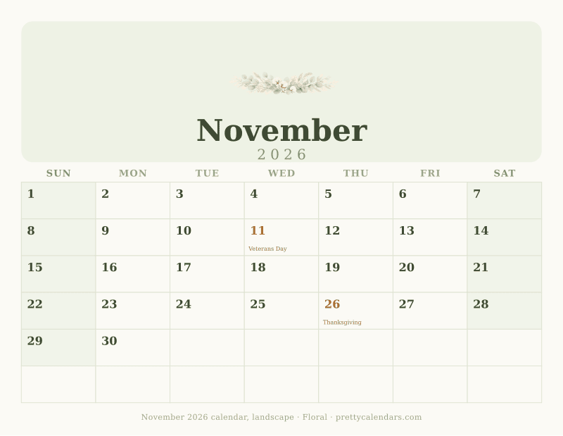 Printable November 2026 calendar in landscape orientation with wide day boxes, Floral style