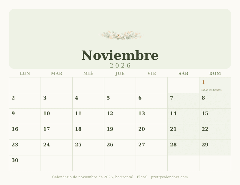 Calendario de Noviembre 2026 horizontal para imprimir, con casillas anchas, estilo Floral