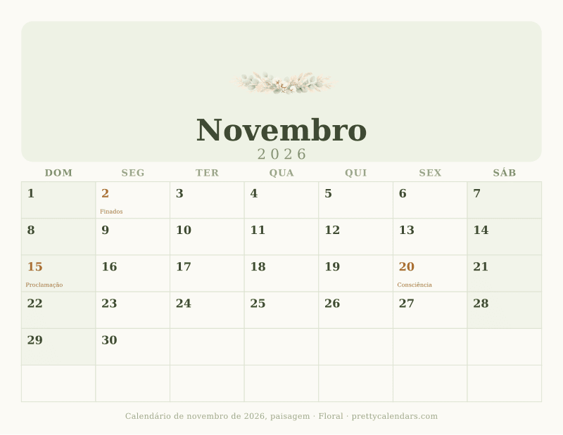 Calendário de Novembro de 2026 para imprimir com orientação paisagem, estilo Floral