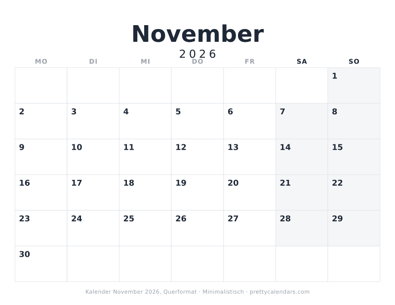 Druckbarer Kalender November 2026 mit Querformat, Design Minimalistisch