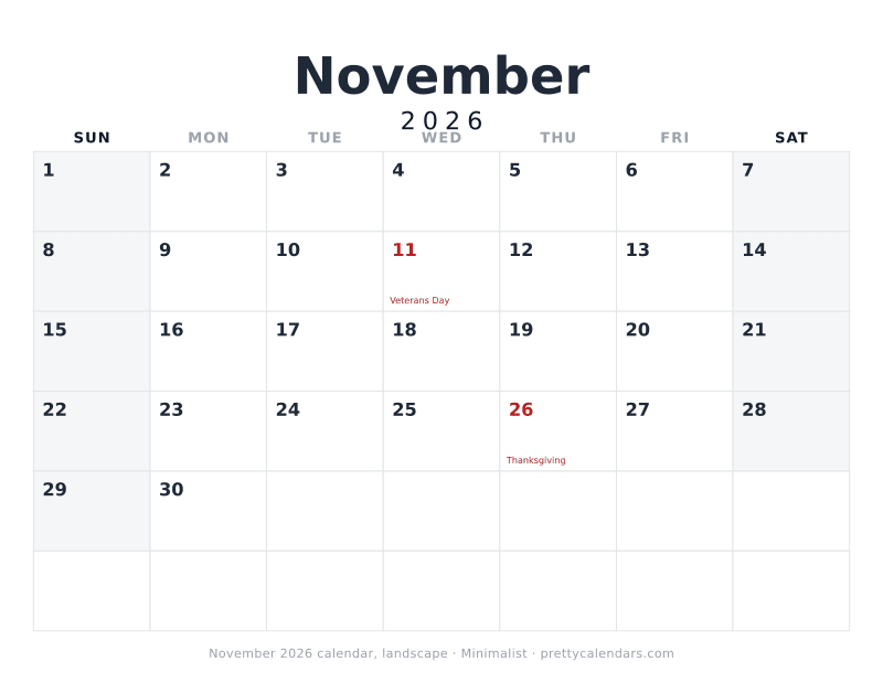 Printable November 2026 calendar in landscape orientation with wide day boxes, Minimalist style