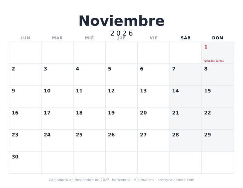 Calendario de Noviembre 2026 horizontal para imprimir, con casillas anchas, estilo Minimalista