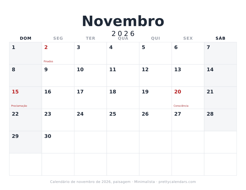 Calendário de Novembro de 2026 para imprimir com orientação paisagem, estilo Minimalista