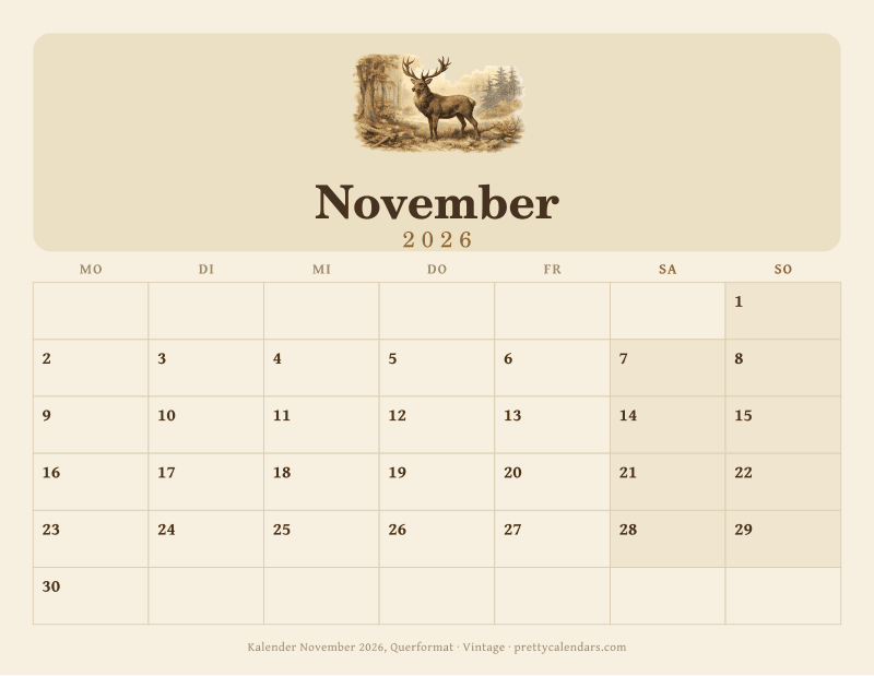 Druckbarer Kalender November 2026 mit Querformat, Design Vintage