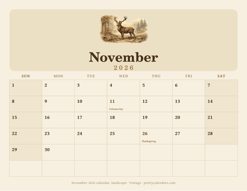 Printable November 2026 calendar in landscape orientation with wide day boxes, Vintage style
