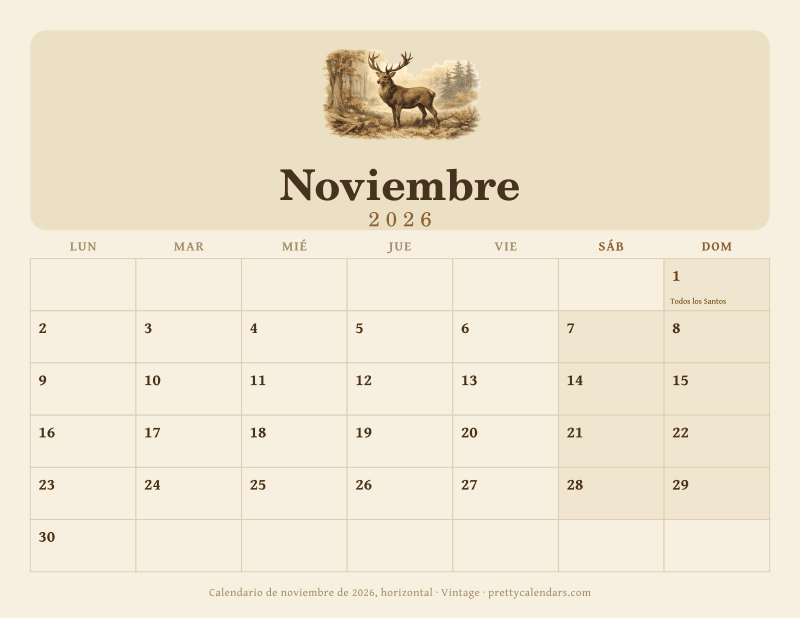 Calendario de Noviembre 2026 horizontal para imprimir, con casillas anchas, estilo Vintage