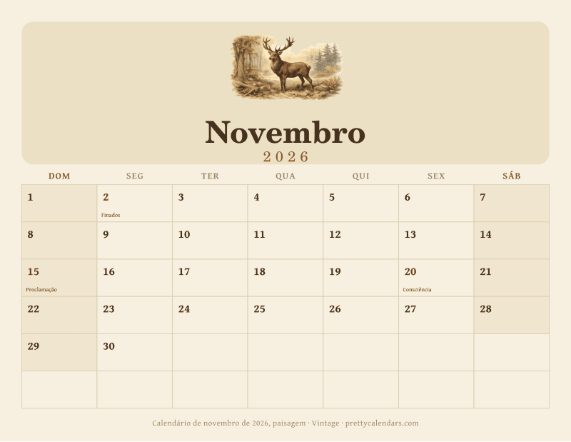 Calendário de Novembro de 2026 para imprimir com orientação paisagem, estilo Vintage
