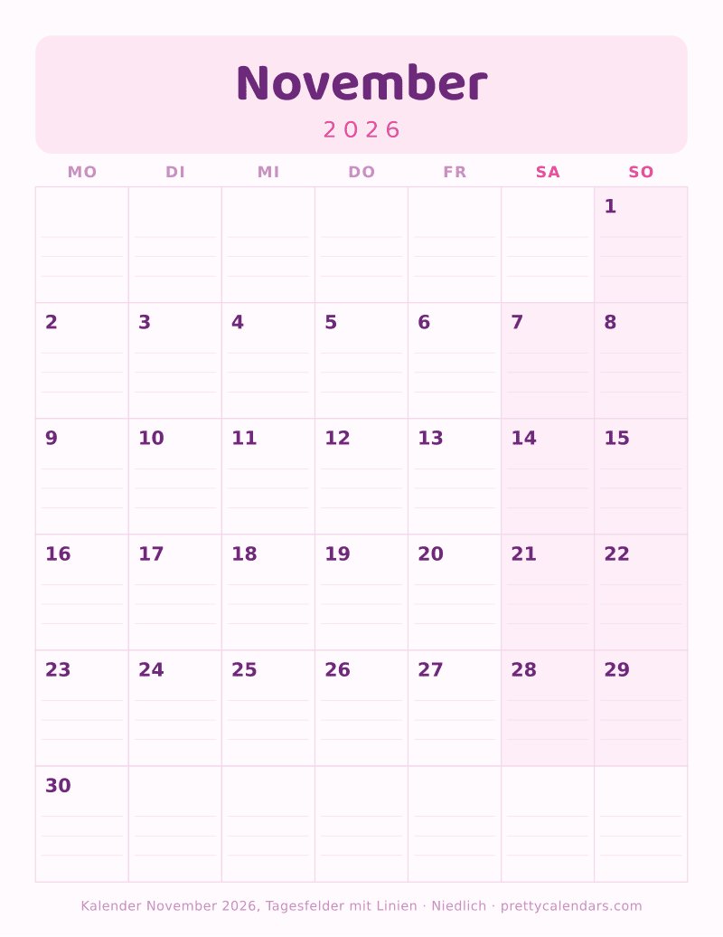Druckbarer Kalender November 2026 mit Schreiblinien, Design Niedlich