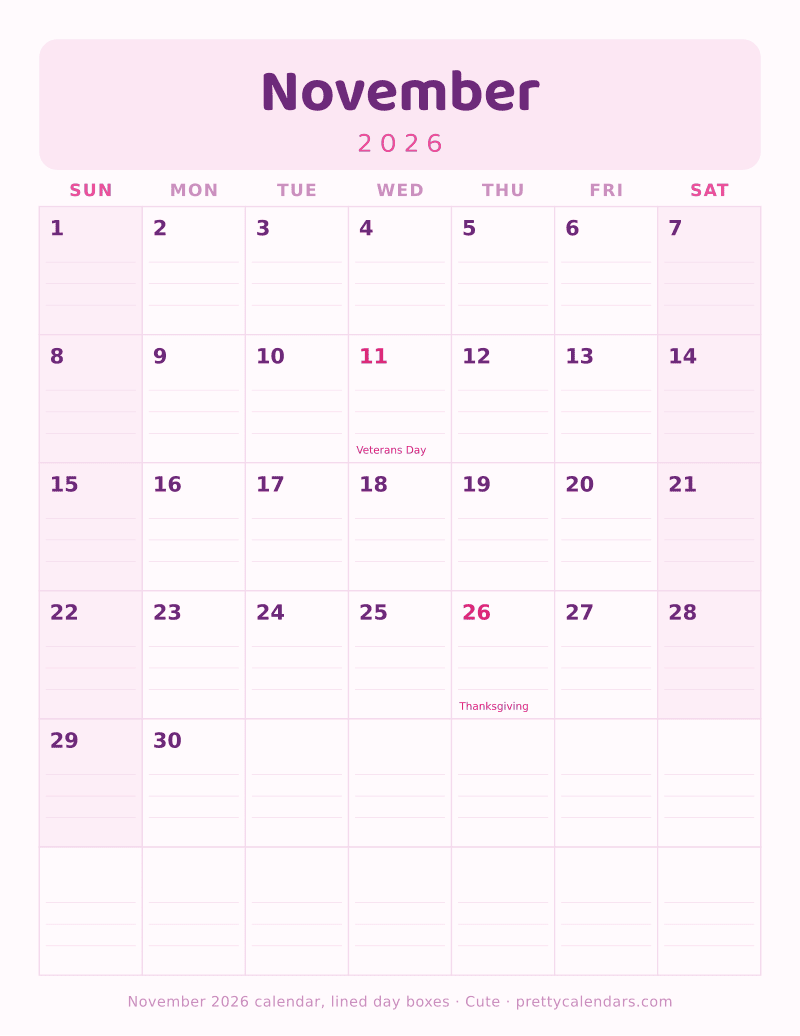 Printable November 2026 calendar with ruled writing lines inside every day box, Cute style