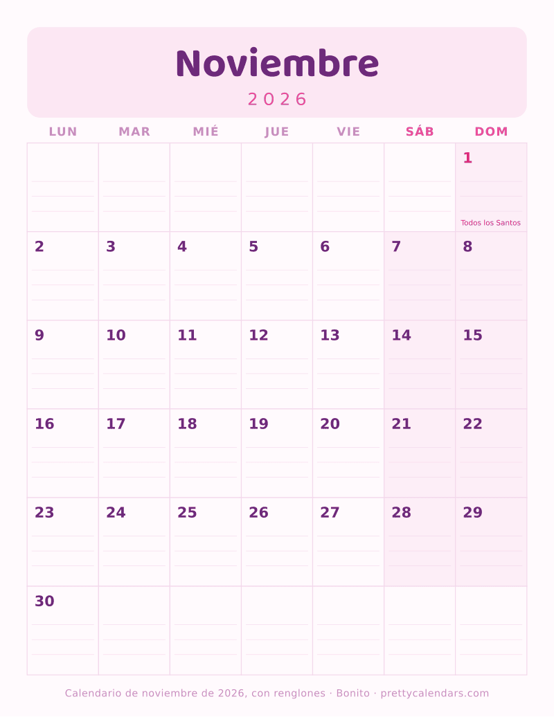 Calendario de Noviembre 2026 para imprimir con renglones dentro de cada casilla del día, estilo Bonito