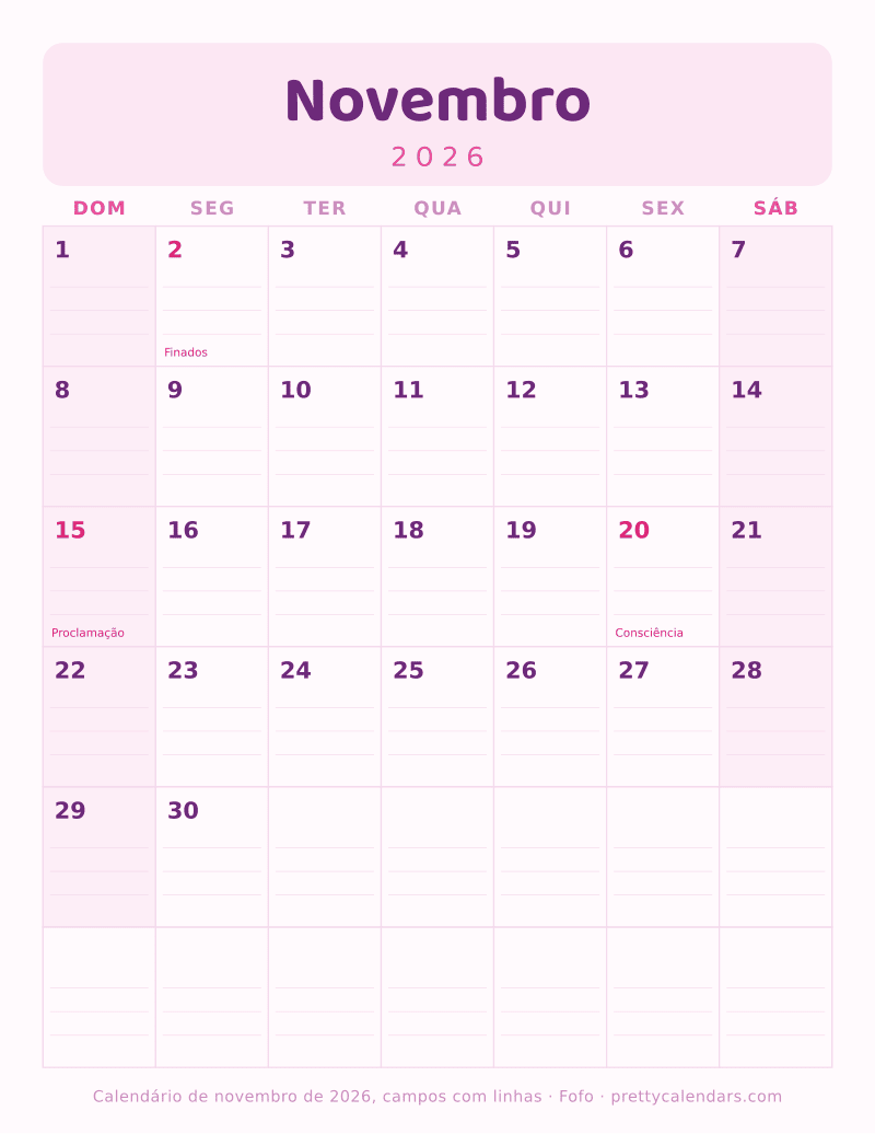 Calendário de Novembro de 2026 para imprimir com linhas para escrever, estilo Fofo
