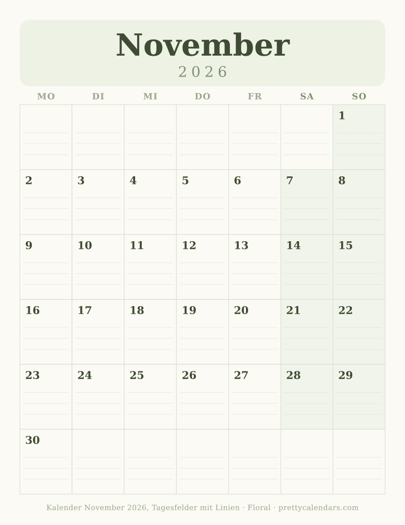 Druckbarer Kalender November 2026 mit Schreiblinien, Design Floral