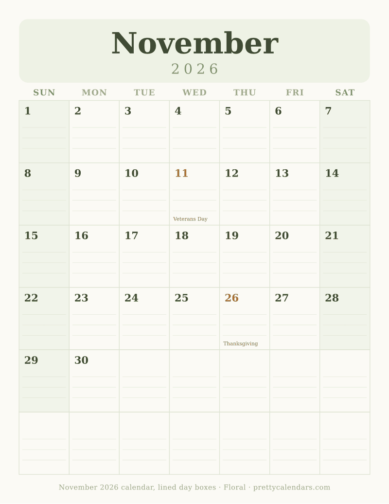 Printable November 2026 calendar with ruled writing lines inside every day box, Floral style