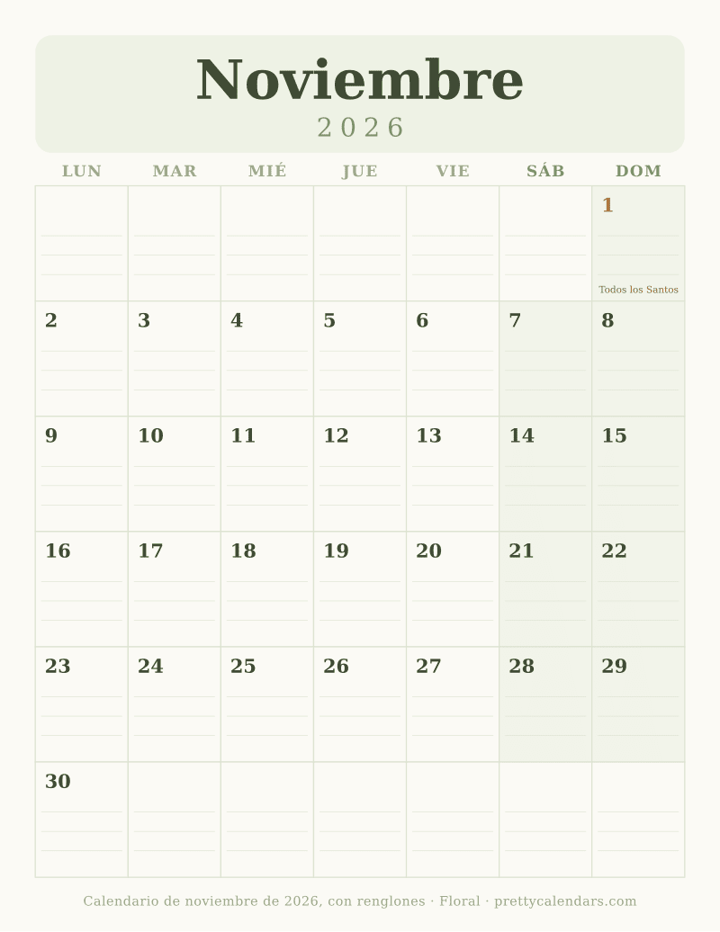 Calendario de Noviembre 2026 para imprimir con renglones dentro de cada casilla del día, estilo Floral