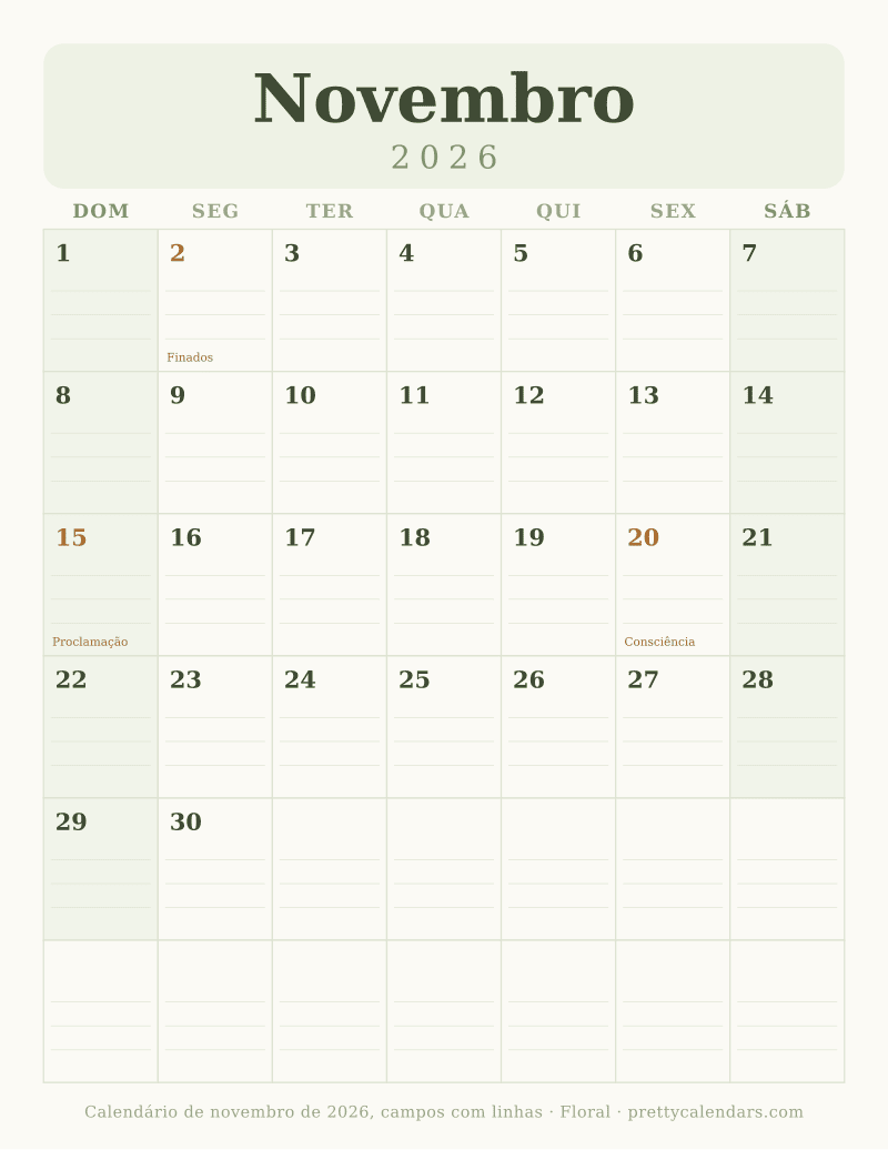 Calendário de Novembro de 2026 para imprimir com linhas para escrever, estilo Floral