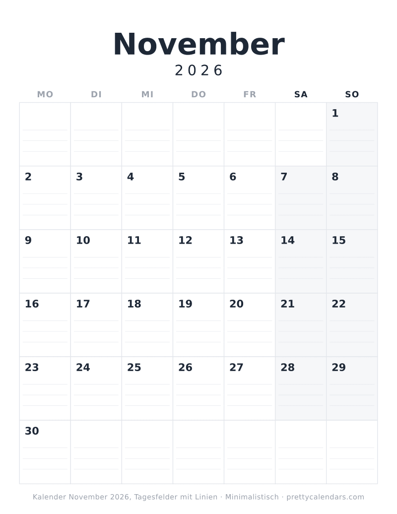 Druckbarer Kalender November 2026 mit Schreiblinien, Design Minimalistisch