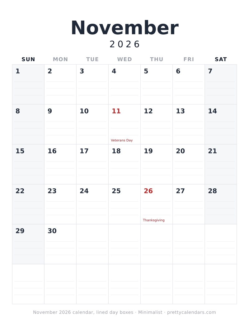 Printable November 2026 calendar with ruled writing lines inside every day box, Minimalist style