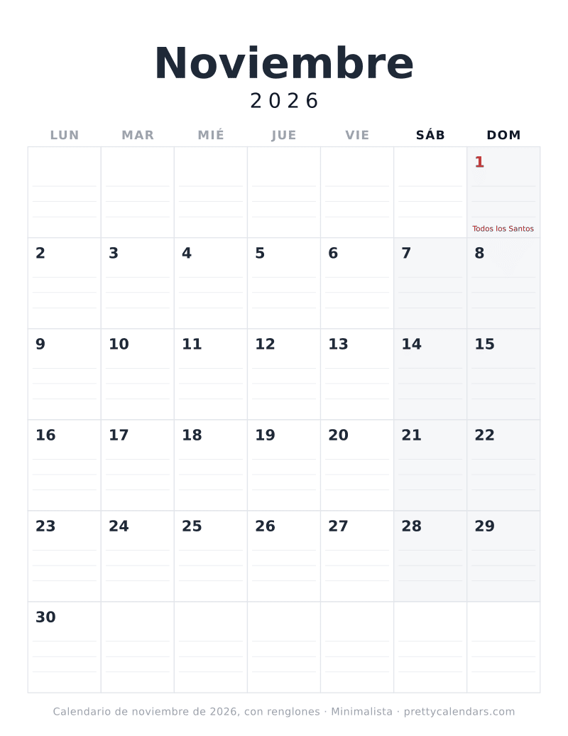 Calendario de Noviembre 2026 para imprimir con renglones dentro de cada casilla del día, estilo Minimalista