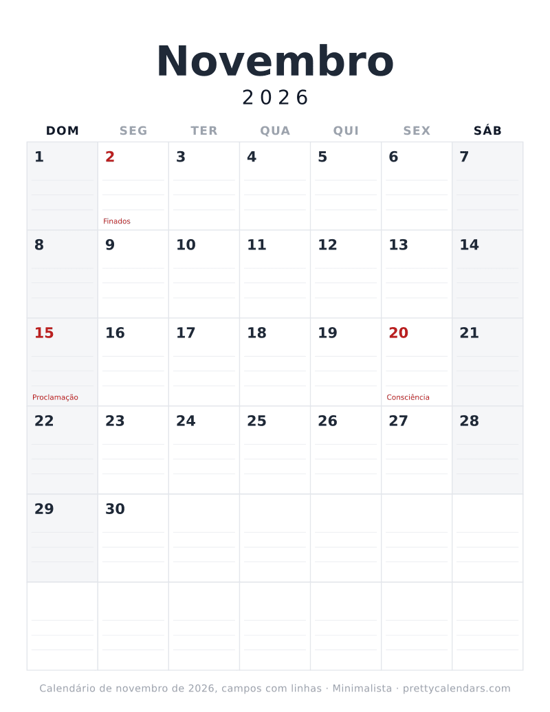 Calendário de Novembro de 2026 para imprimir com linhas para escrever, estilo Minimalista