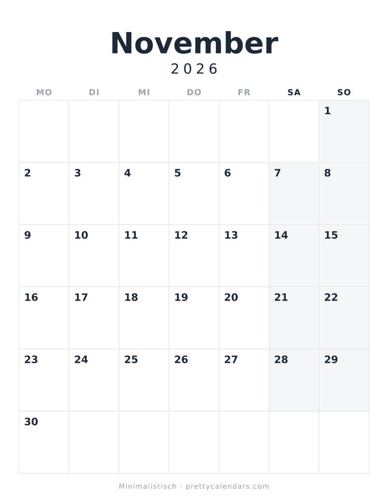 Druckbarer Kalender November 2026, Design Minimalistisch