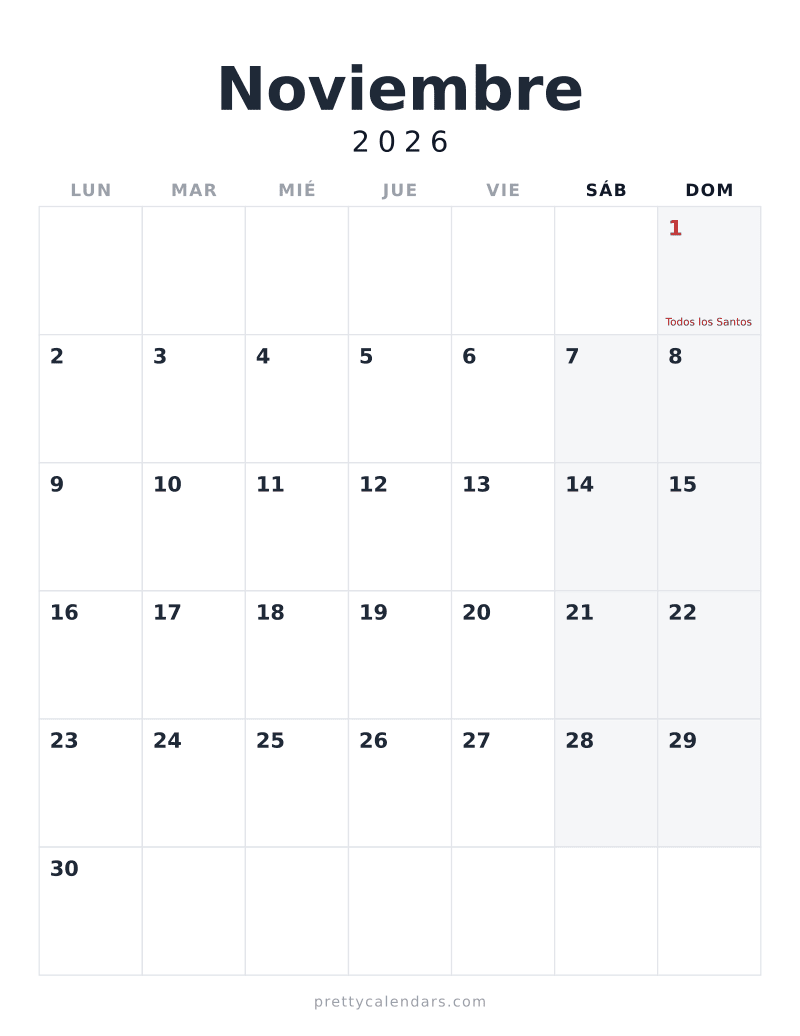 Calendario de Noviembre 2026