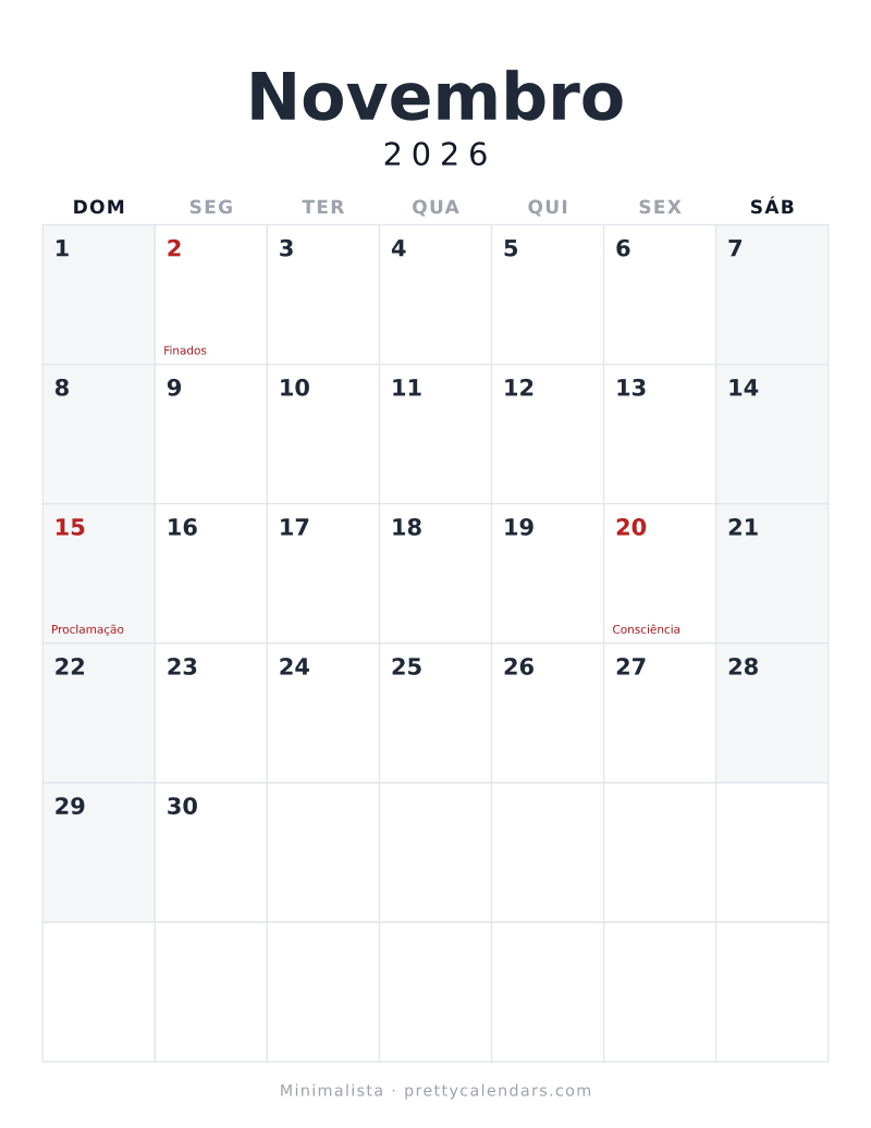 Calendário de Novembro de 2026 para imprimir, estilo Minimalista