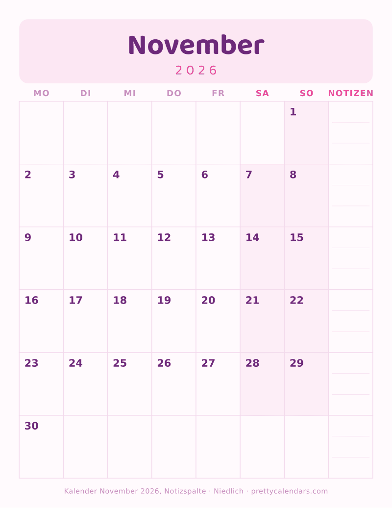 Druckbarer Kalender November 2026 mit Notizspalte, Design Niedlich