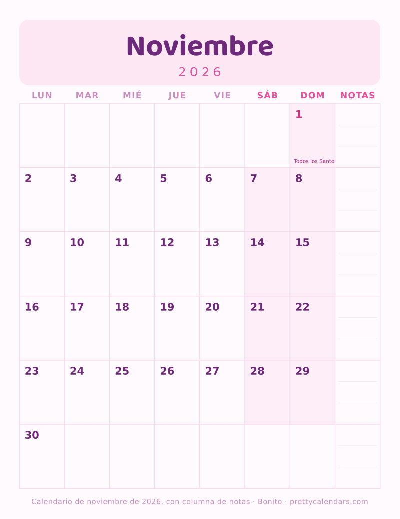 Calendario de Noviembre 2026 para imprimir con siete columnas de días y una columna de notas de la semana, estilo Bonito