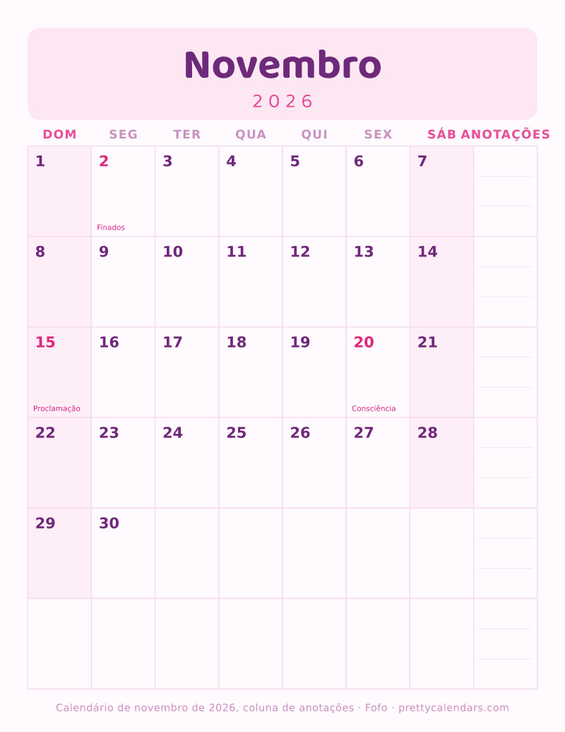 Calendário de Novembro de 2026 para imprimir com coluna de anotações, estilo Fofo