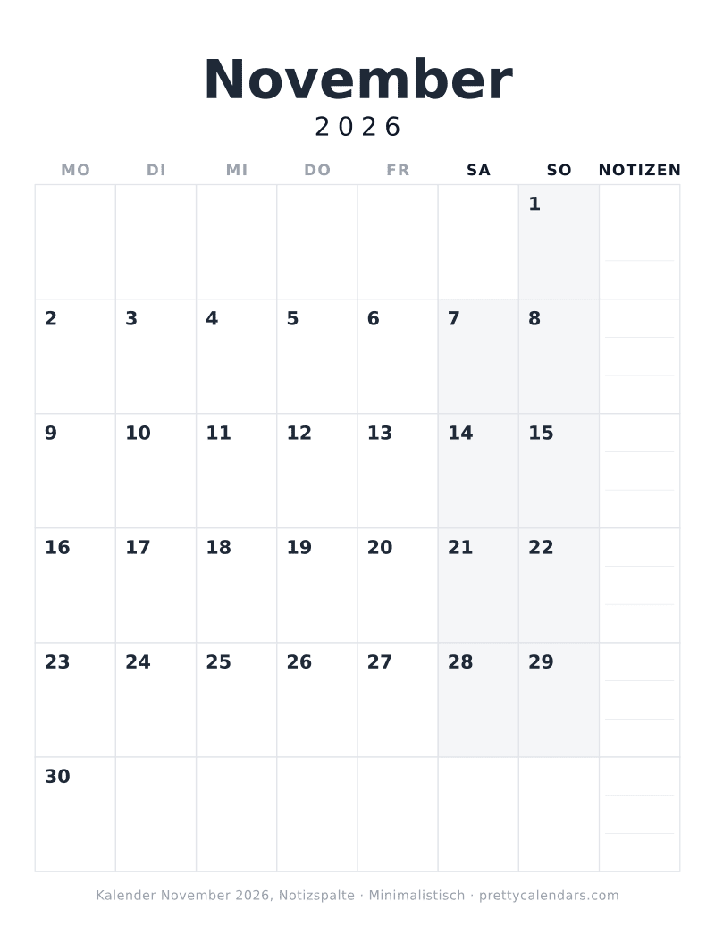 Druckbarer Kalender November 2026 mit Notizspalte, Design Minimalistisch