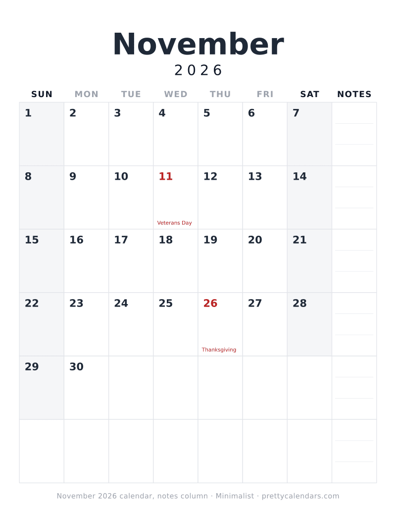 Printable November 2026 calendar with seven day columns and a weekly notes column, Minimalist style