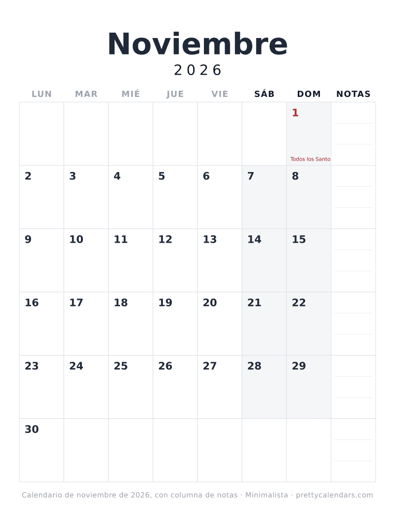Calendario de Noviembre 2026 para imprimir con siete columnas de días y una columna de notas de la semana, estilo Minimalista