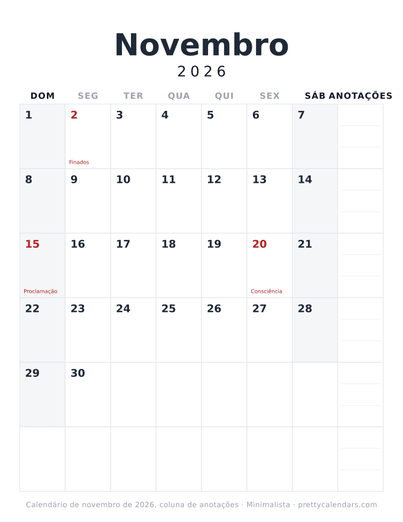 Calendário de Novembro de 2026 para imprimir com coluna de anotações, estilo Minimalista
