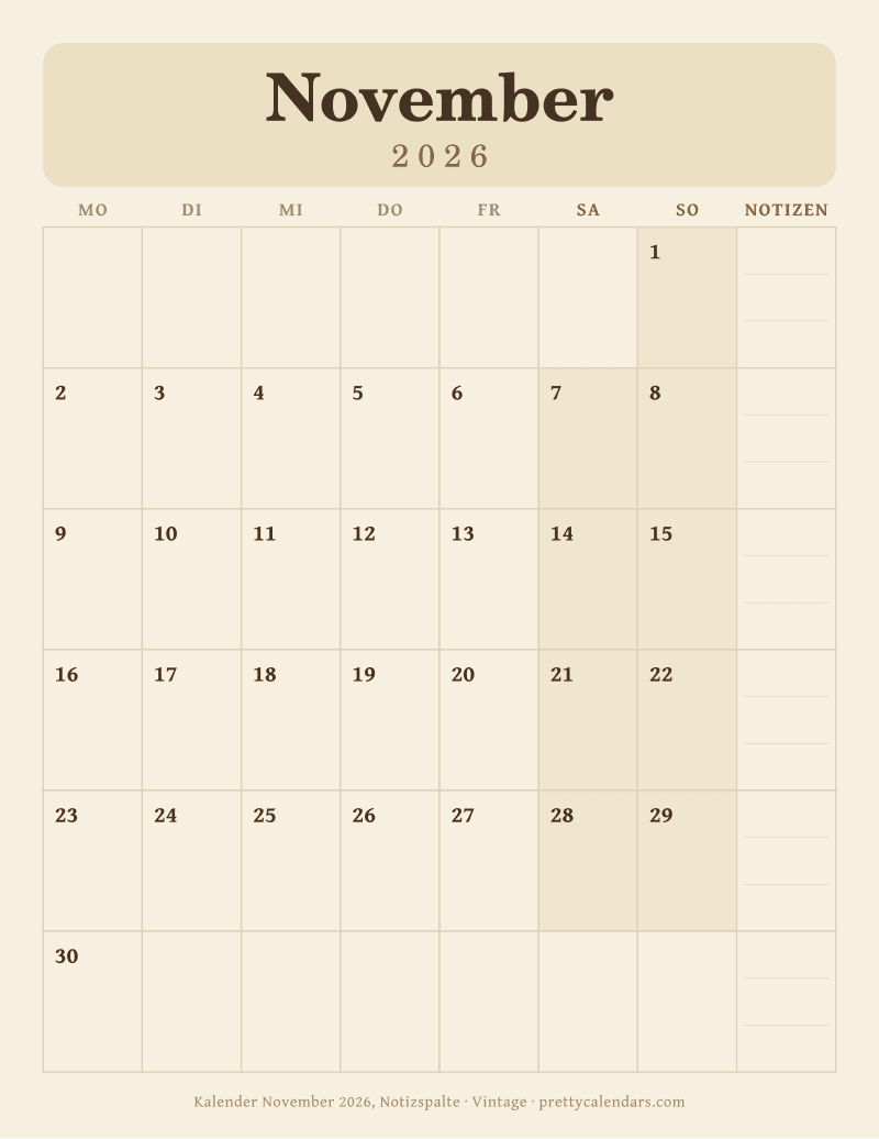 Druckbarer Kalender November 2026 mit Notizspalte, Design Vintage