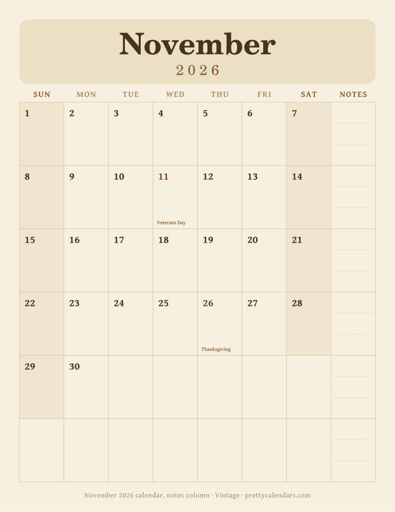 Printable November 2026 calendar with seven day columns and a weekly notes column, Vintage style