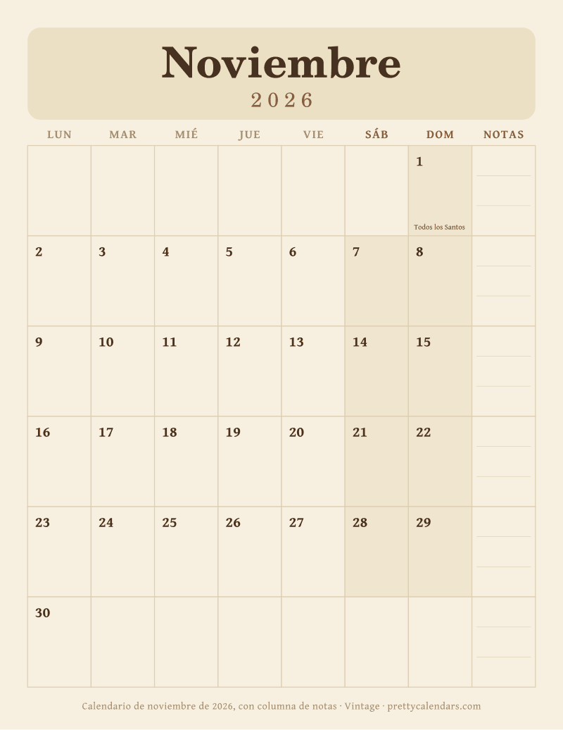 Calendario de Noviembre 2026 para imprimir con siete columnas de días y una columna de notas de la semana, estilo Vintage