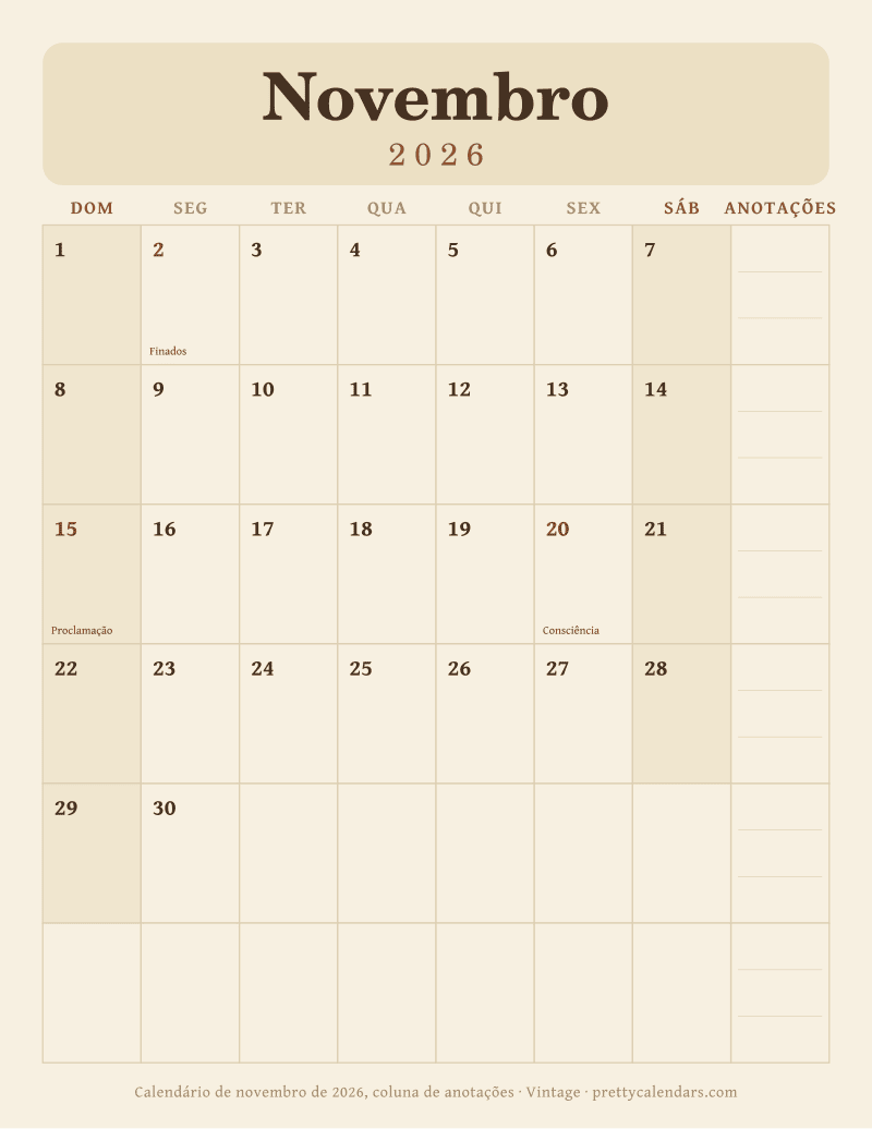 Calendário de Novembro de 2026 para imprimir com coluna de anotações, estilo Vintage