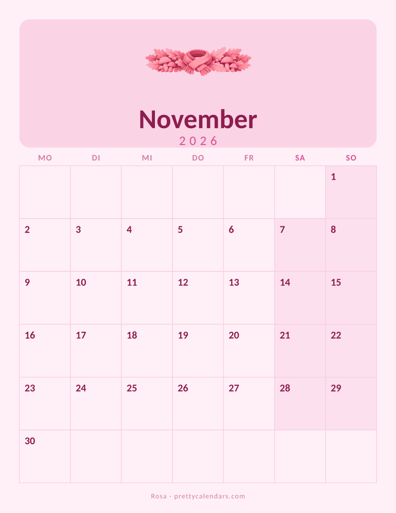 Druckbarer Kalender November 2026, Design Rosa