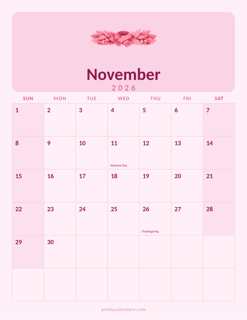 November 2026 printable calendar, Pink style